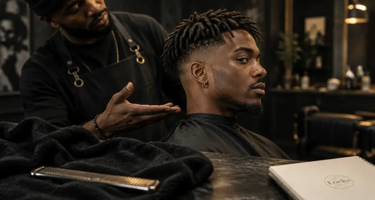 Coiffure locks homme avec dégradé net et dessus dense