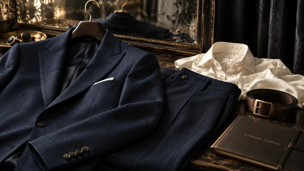 Costume 2 pièces homme bleu marine, chemise ivoire, ceinture bronze