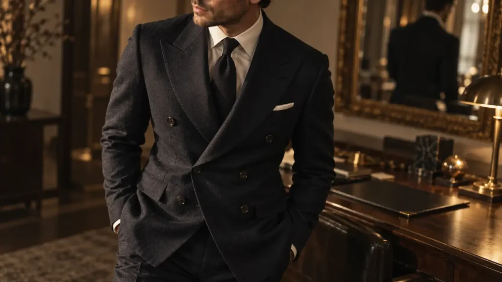 Costume croisé homme : boutons et revers bien ajustés
