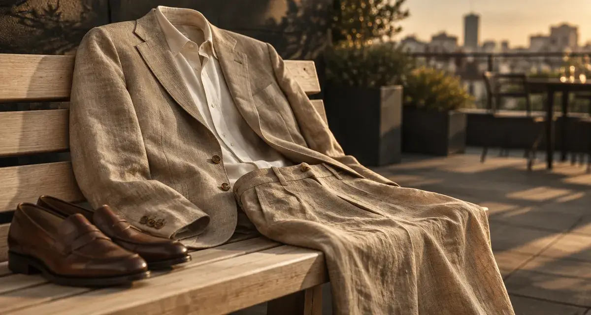 Costume été homme en lin beige sur banc bois clair