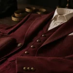 Costume homme rouge vin trois-pièces, texture laine et boutons bronze