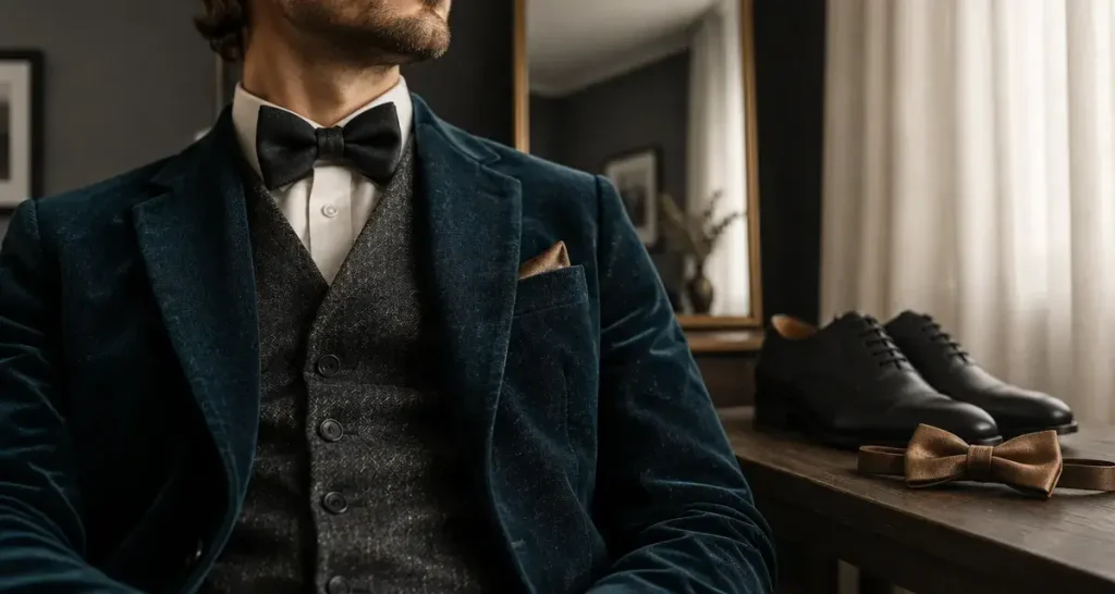 Costume marié original homme : trois-pièces en velours bleu pétrole