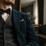 Costume marié original homme : trois-pièces en velours bleu pétrole