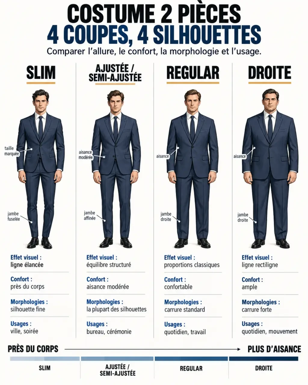 Infographie des coupes d’un costume 2 pièces homme selon la morphologie et l’usage