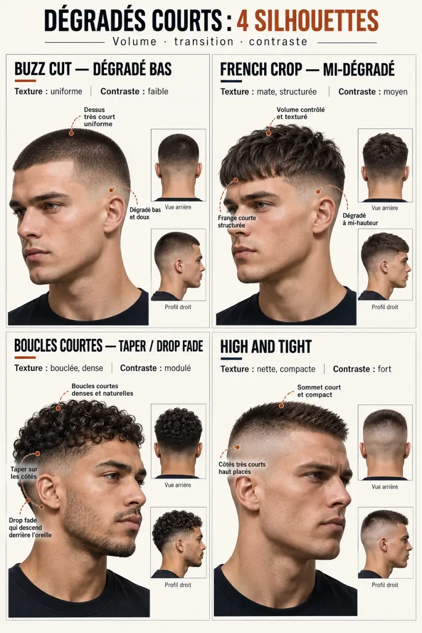 Inspirations de coiffure homme dégradé court selon la longueur du dessus