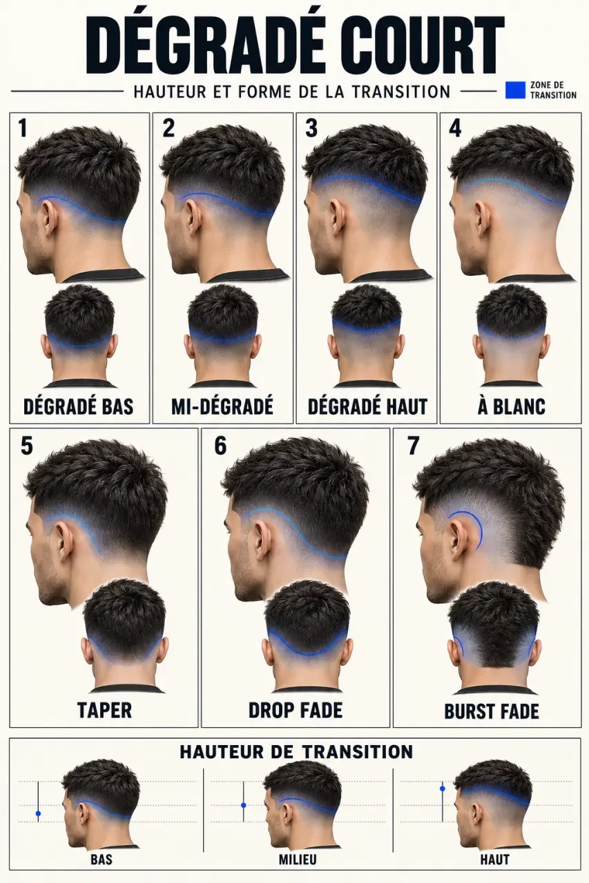 Infographie comparative des variantes de coiffure homme dégradé court