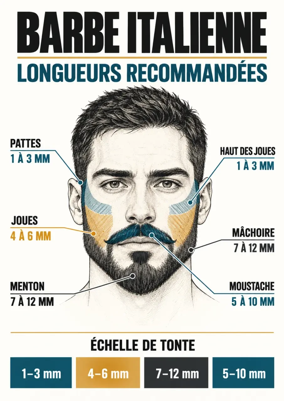 Infographie des longueurs d'une barbe italienne homme par zone du visage