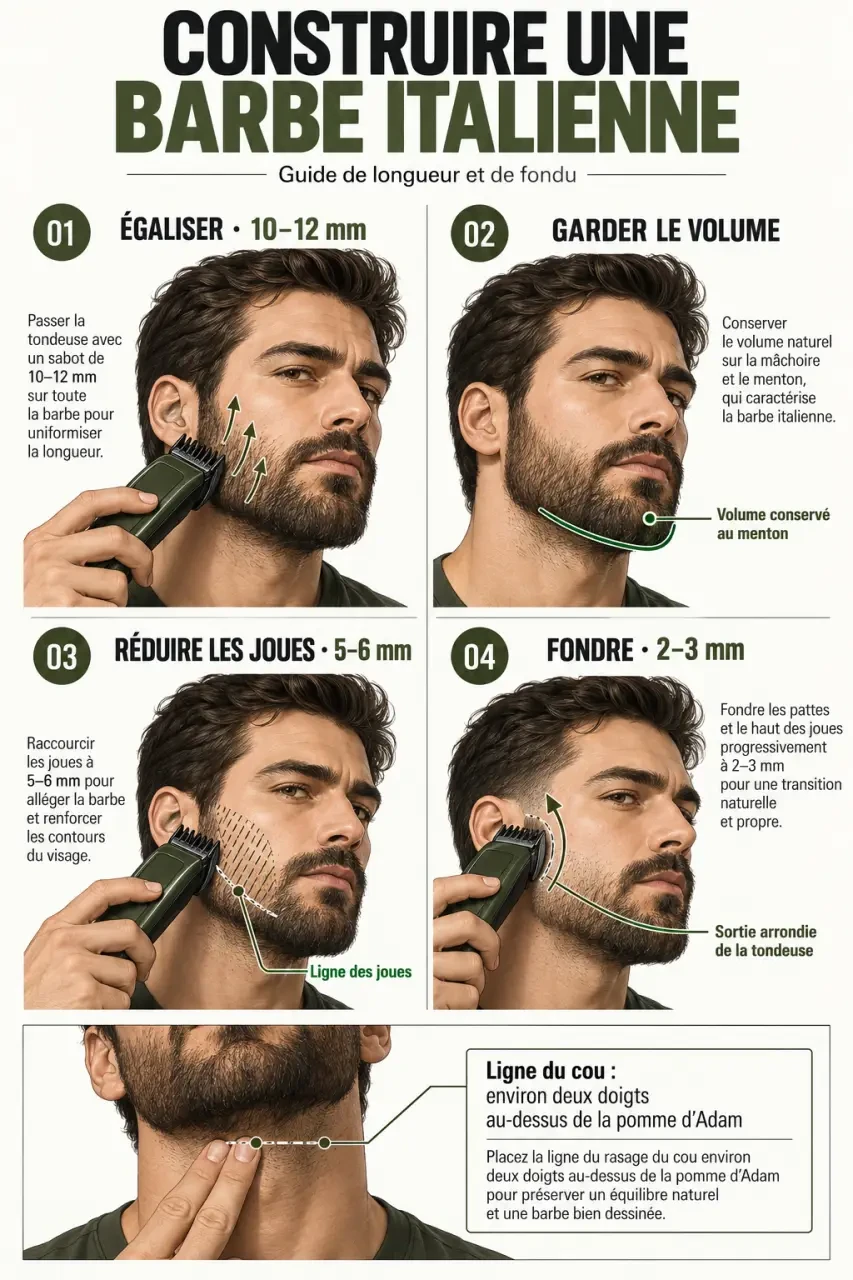 Schéma des étapes pour réaliser le dégradé d'une barbe italienne homme