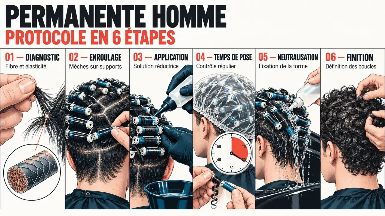 Étapes de réalisation d’une coiffure permanente homme en salon, du diagnostic à la finition