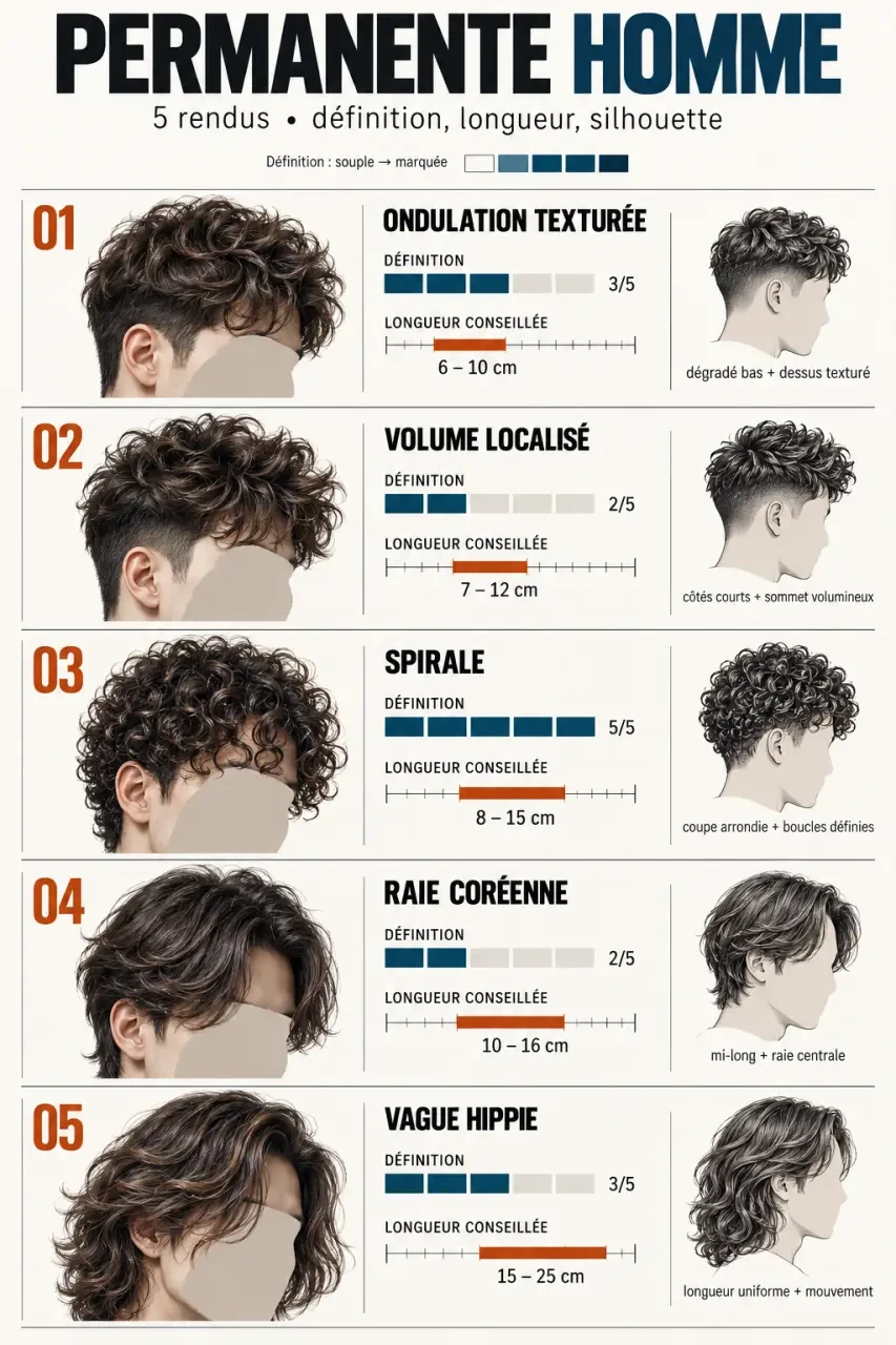 Infographie des styles de coiffure permanente homme, des ondulations aux boucles en spirale