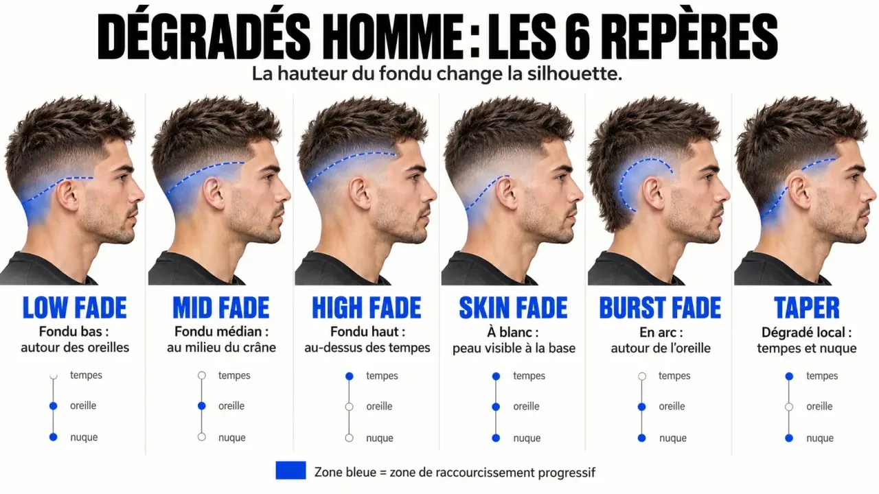 Infographie des différents dégradés pour choisir un modèle de coiffure homme