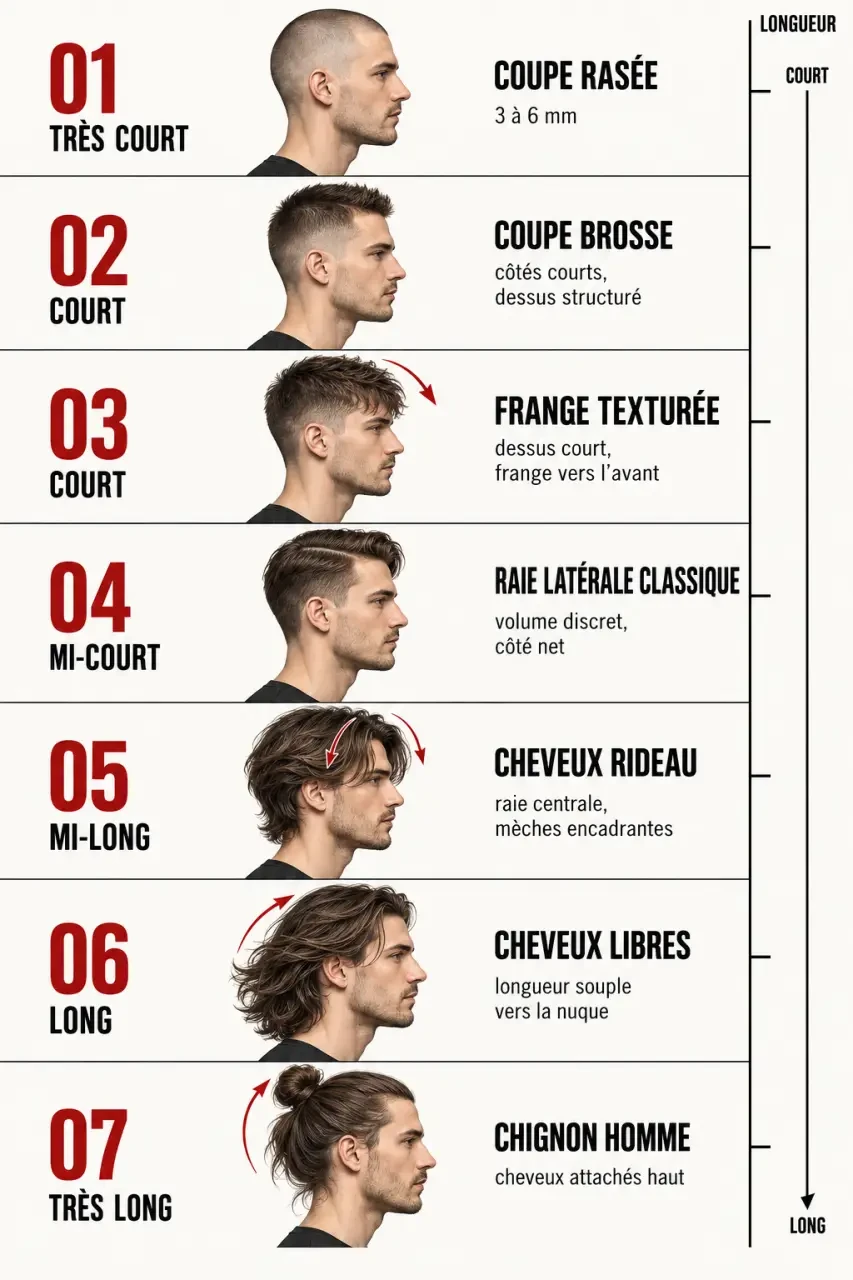 Infographie de modèles de coiffure homme du très court aux cheveux longs