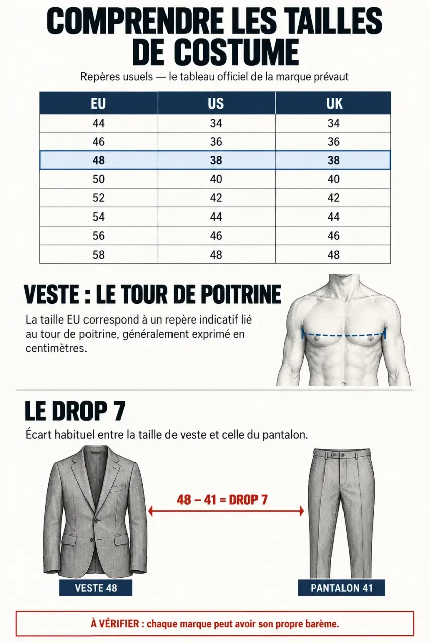 Tableau de conversion des tailles de costume homme et explication du drop