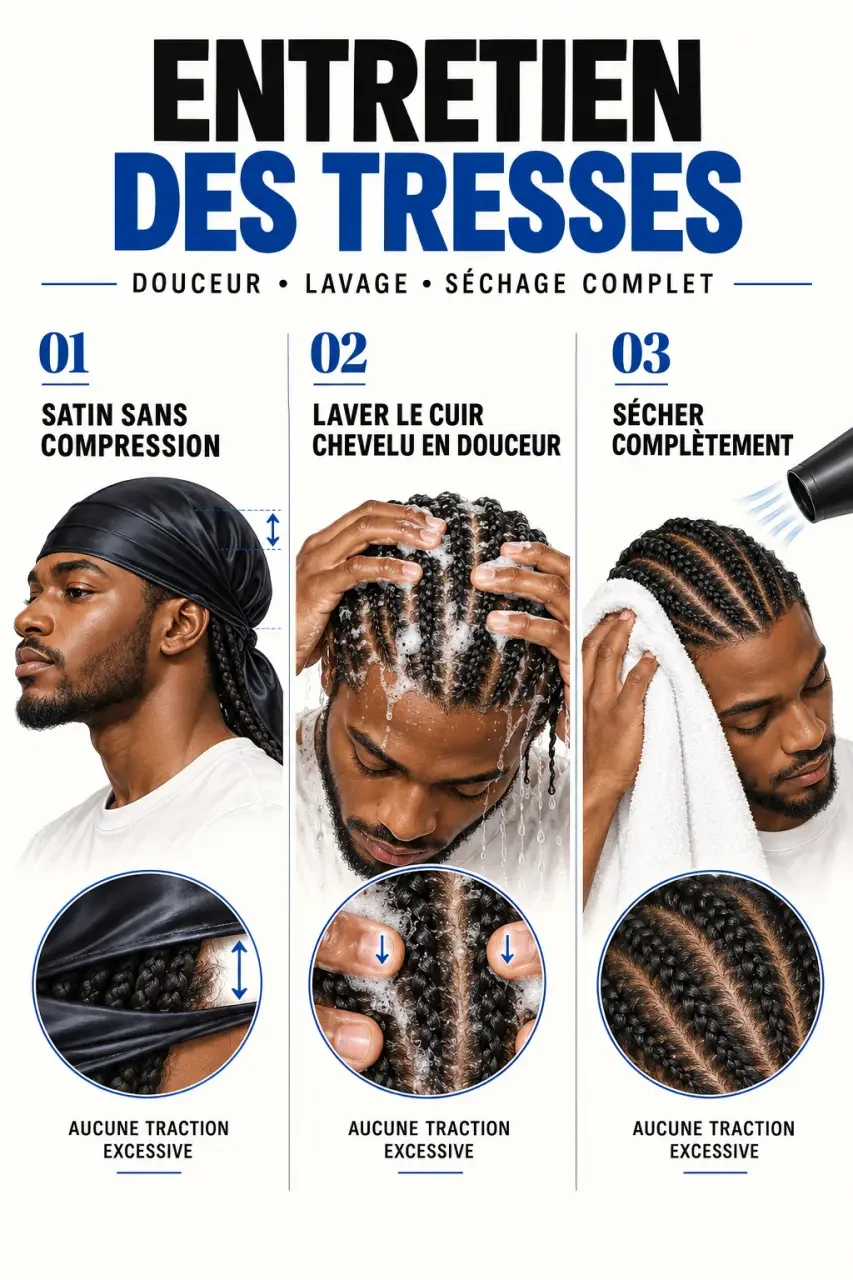 Entretien d’une coiffure tresse homme avec lavage doux, protection en satin et séchage complet
