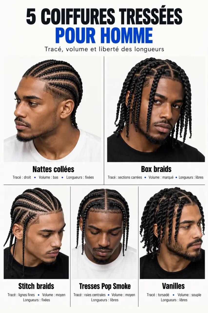 Comparaison de coiffure tresse homme : cornrows, box braids, stitch braids, Pop Smoke braids et twists
