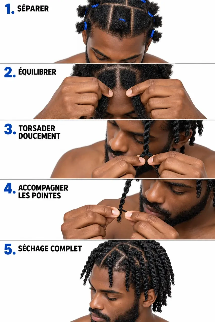 Étapes de réalisation d'une twist coiffure homme sur cheveux afro