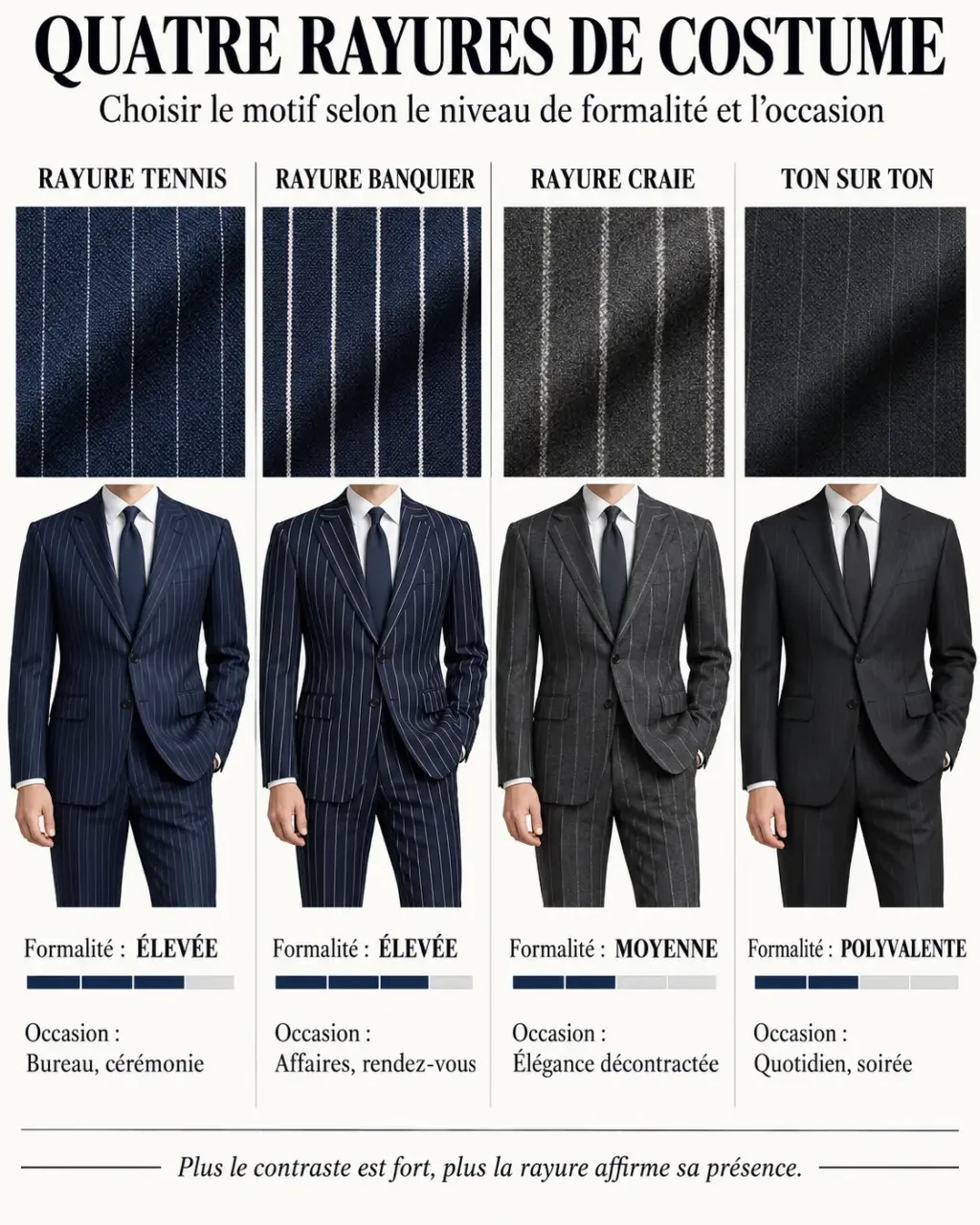 Infographie comparant les motifs d’un costume rayé homme : rayure tennis, banquier, craie et ton sur ton