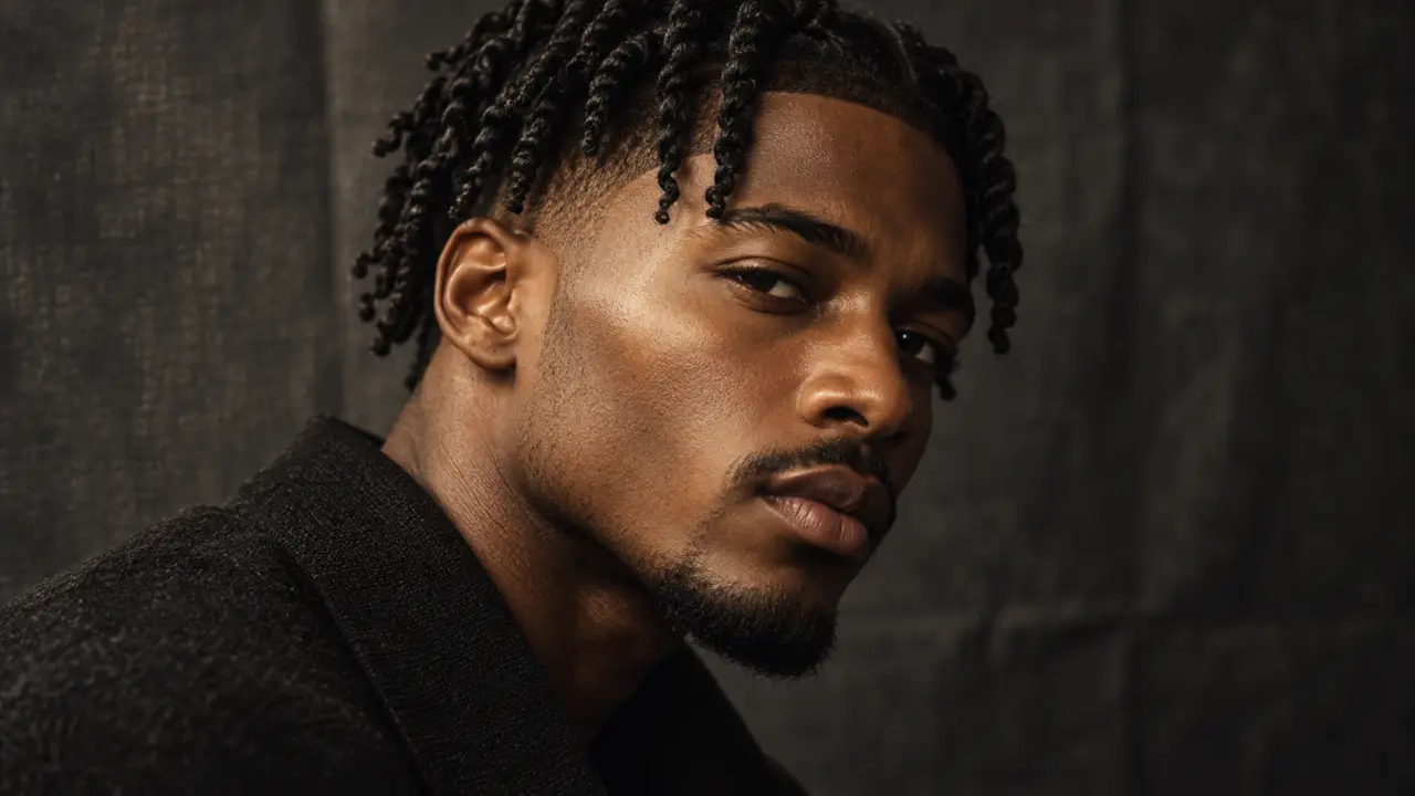 Twist coiffure homme : dégradé bas et twists courts, photo studio